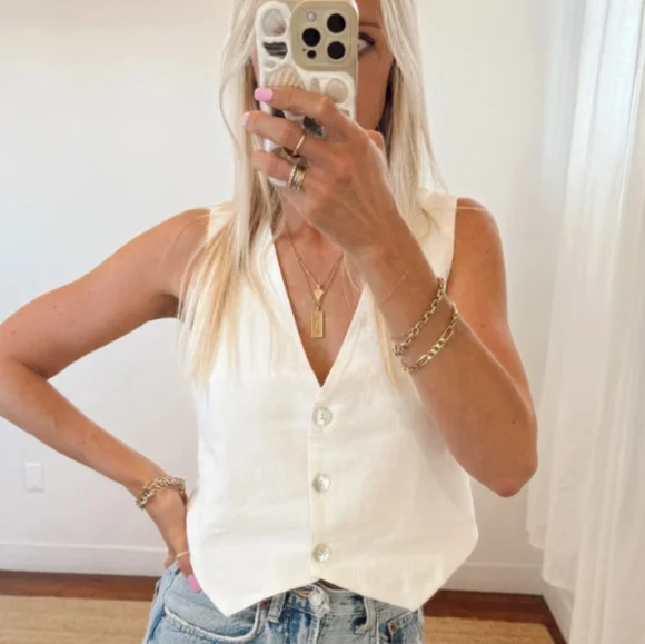 Show Me Your Mumu Vicky Vest Women's Small White Linen Shirt Top Golden 2 - Picture 14 of 15